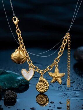 Gold Plated Stainless Steel Coastal Shell Starfish Pearl Heart Charm Bracelet